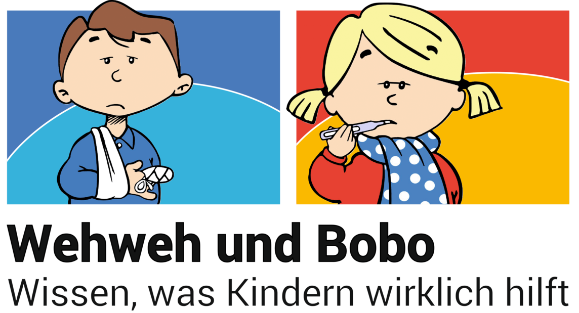 Logo Wehweh und Bobo (German), Boy with injured finger, girl with fever thermometer in her mouth