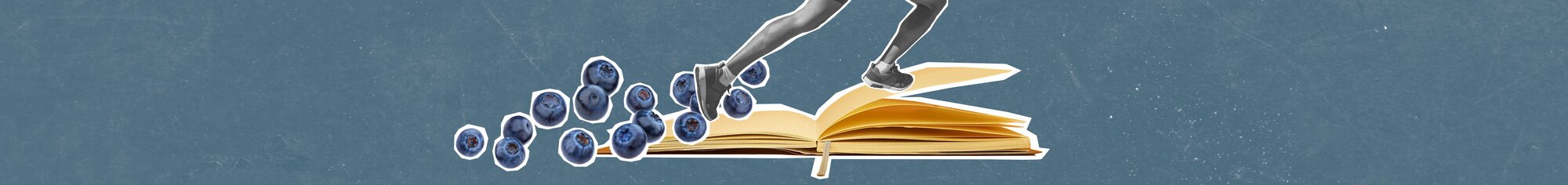 Livre ouvert, l'homme court dessus, les myrtilles roulent au loin