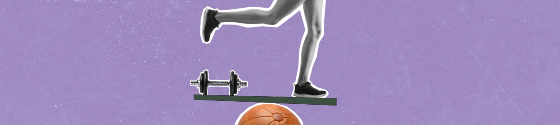 Beine auf Wippe mit Basketball und Hanteln