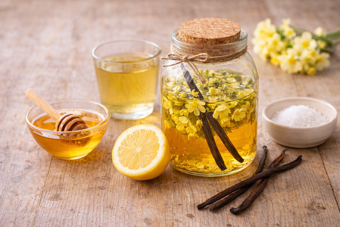 Einmachglas mit Schlüsselblume, Essig, Honig und Vanille