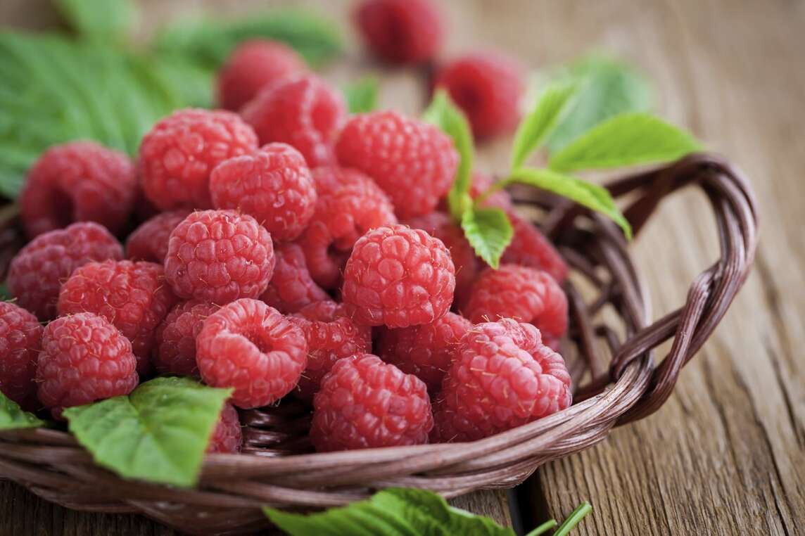 Frische Himbeeren in Körbchen