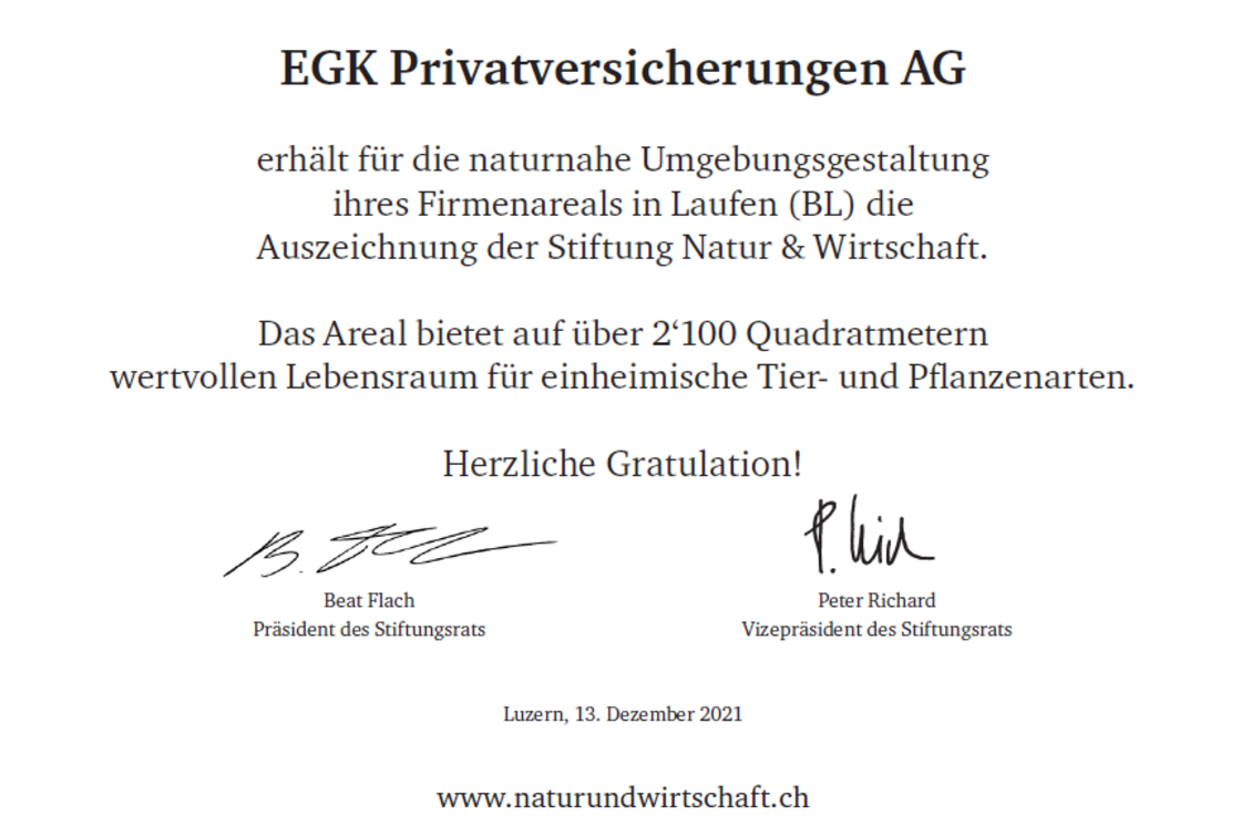 Zertifikat der Stiftung Natur und Wirtschaft