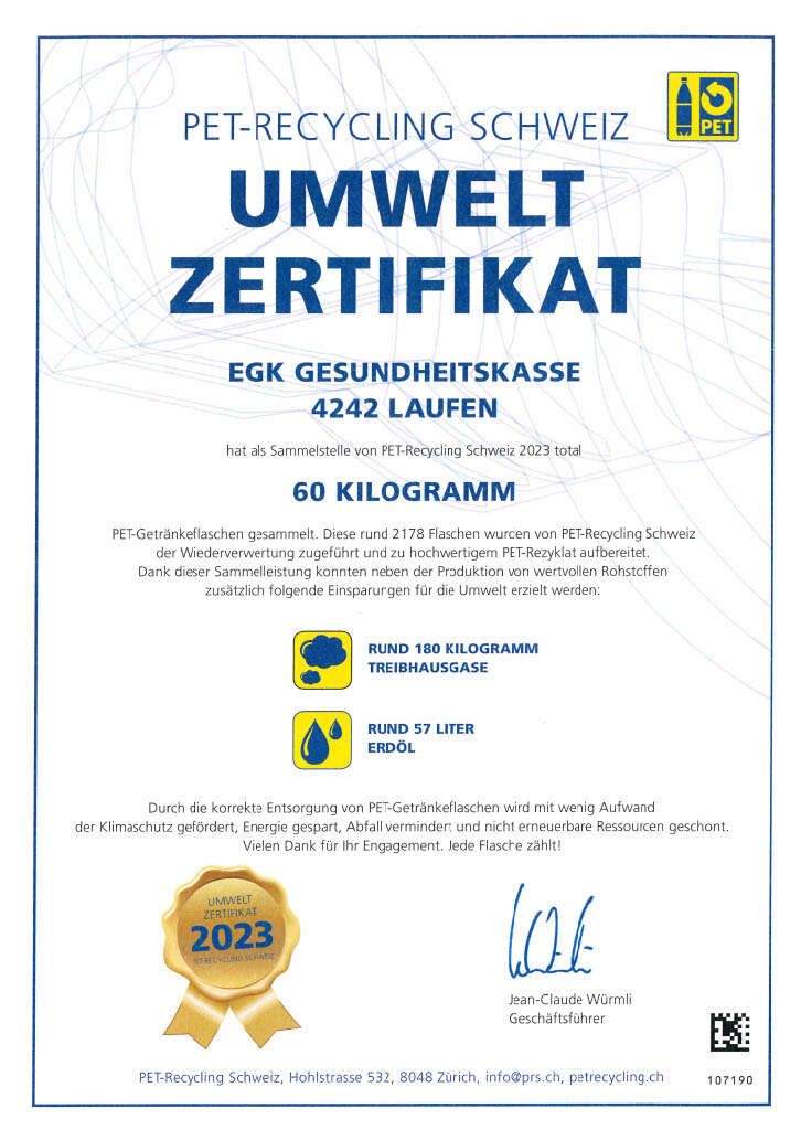 Certificat environnemental - PET-Recycling Suisse